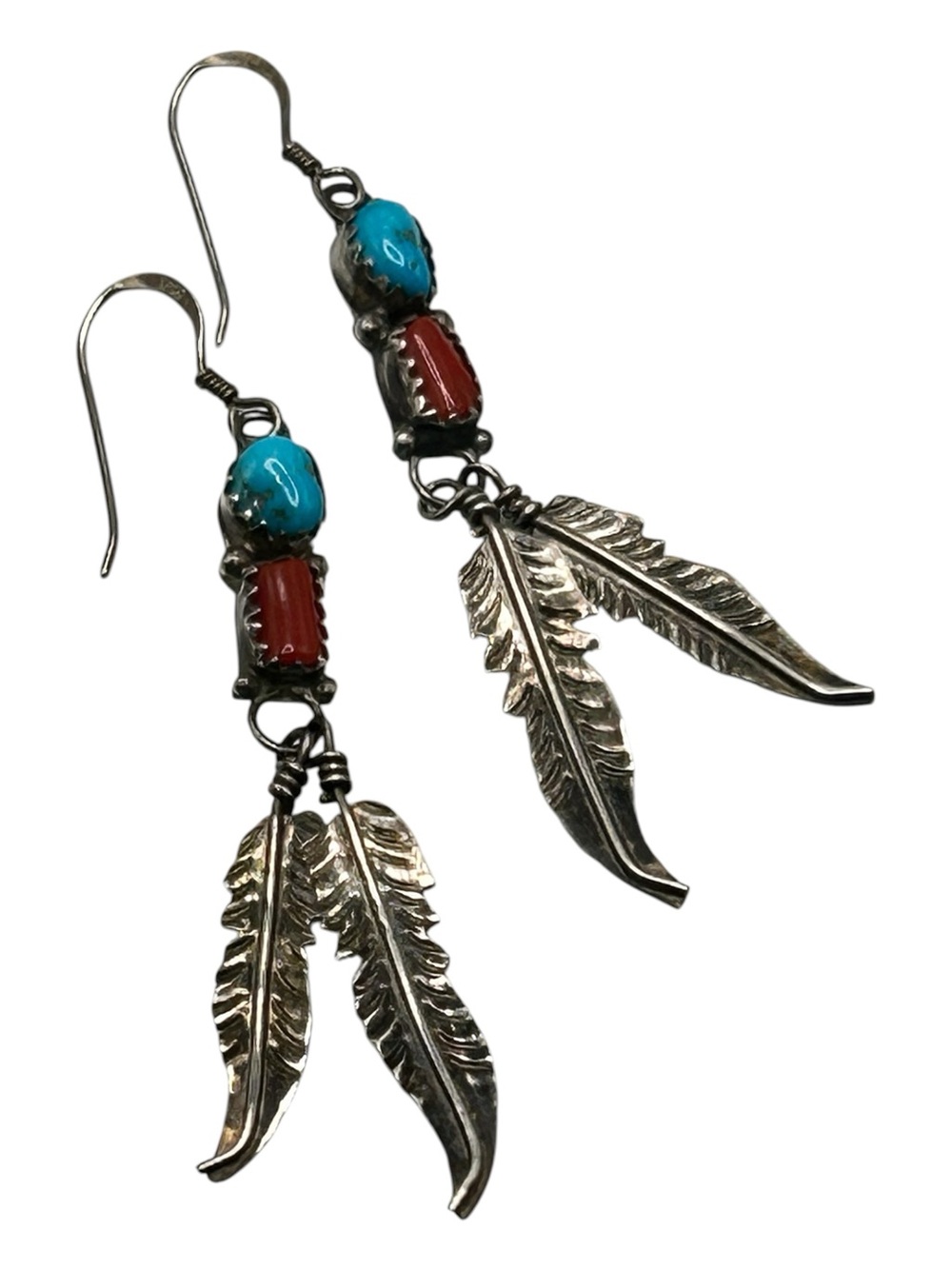 Native American Sterling Turquoise Coral Feather Earrings Pierced Signed